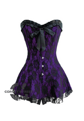 Purple Satin Black Net N Frill Gothic Burlesque Bustier Waist Training Costume Overbust Plus Size Corset Dress