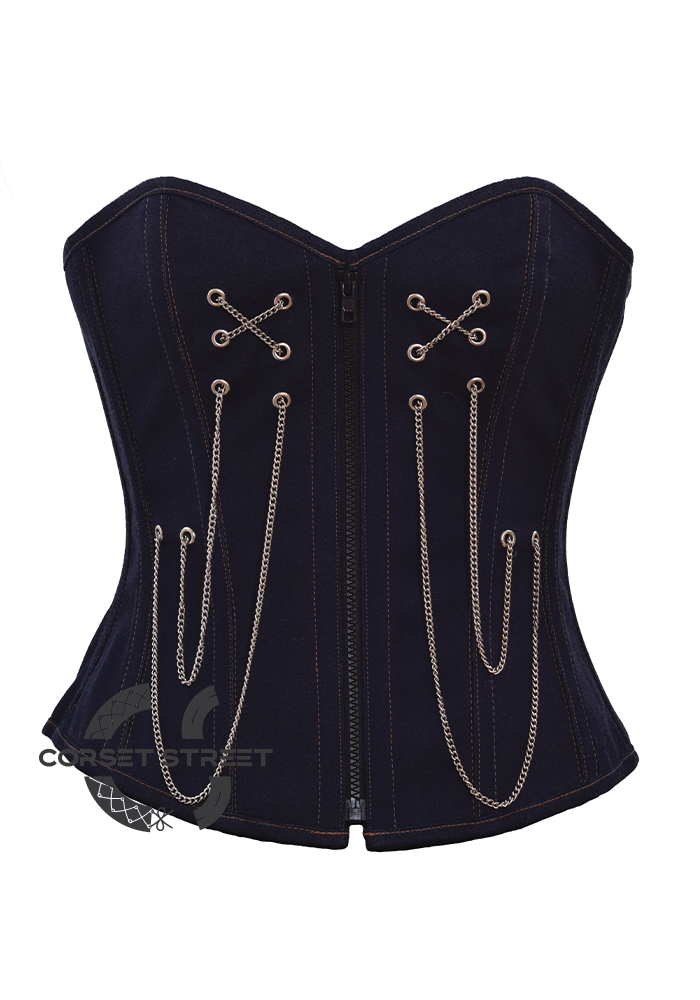 Front Zipper Blue Denim Corset