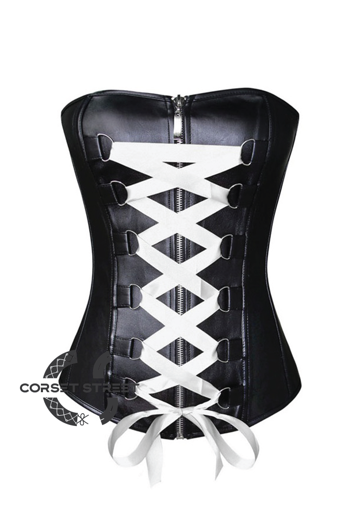 Black Faux Leather White Satin Lace Gothic Steampunk Waist Training Bu  – CorsetStreet