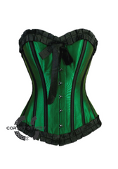 Green Satin Black Frill Retro Burlesque Waist Training Bustier Overbust Plus Size Corset Costume