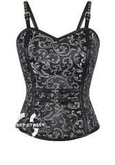 Black Brocade Leather Shoulder Straps Gothic Burlesque Waist Training Bustier Overbust Plus Size Corset Costume