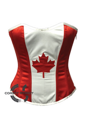 Red White Satin Canada Flag Handwork Gothic Burlesque Bustier Waist Training Overbust Plus Size Corset Costume