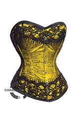 Yellow Satin Black Sequins Gothic Burlesque Bustier Waist Training Overbust Plus Size Corset Costume