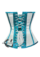 White Satin Baby Blue Stripes Gothic Burlesque Bustier Waist Training Overbust Plus Size Corset Costume
