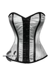 White Satin Black Stripes Gothic Burlesque Bustier Waist Training Overbust Plus Size Corset Costume
