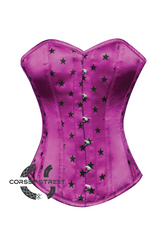 Purple Satin Black Stars Print Gothic Burlesque Waist Training Bustier Overbust Plus Size Corset Costume
