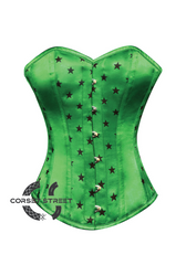 Green Satin Black Stars Print Gothic Burlesque Waist Training Bustier Overbust Corset Costume