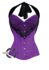 Purple Satin Black Net Halter Neck Gothic Burlesque Bustier Waist Training LONG Overbust Plus Size Corset Costume