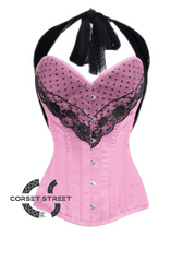 Black Net Halter Neck Overbust Satin Pink Corset