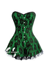 Green Satin Black Net Gothic Burlesque Bustier Waist Training Costume Overbust Plus Size Corset Dress