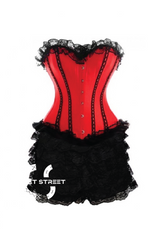 Red Satin Black Frill Tutu Skirt Gothic Burlesque Bustier Waist Training Costume Overbust Plus Size Corset Dress