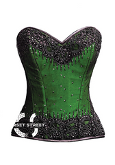 Green Satin Black Handmade Sequins Gothic Burlesque Bustier Waist Training Overbust Corset Costume