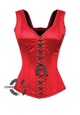 Red Satin Shoulder Straps Black Lace Opening Gothic Burlesque Bustier Waist Training Overbust Plus Size Corset Costume