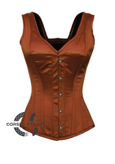 Brown Satin Shoulder Straps Gothic Burlesque Bustier Waist Training Overbust Corset Costume