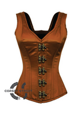 Brown Satin Shoulder Straps Seal Lock Opening Gothic Burlesque Bustier Waist Training Overbust Corset Costume