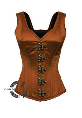 Brown Satin Shoulder Straps Seal Lock Opening Gothic Burlesque Bustier Waist Training Overbust Corset Costume