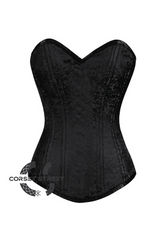 Black Brocade Spiral Steel Boned Corset Front Closed Goth Burlesque Costume Waist Training LONGLINE Plus Size Overbust Bustier Top
