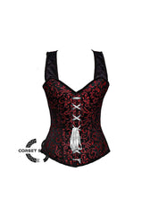 Red and Black Brocade With Shoulder Strap Steampunk Overbust Corset