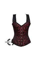 Red and Black Brocade With Shoulder Strap Steampunk Overbust Corset
