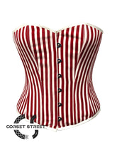 Red and White Vertical Striped Satin Gothic Costume Waist Training Overbust Plus Size Bustier Top