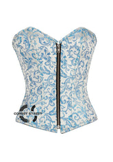Blue And White Brocade Front Zipper Gothic Overbust Plus Size Corset Bustier Waist Cincher