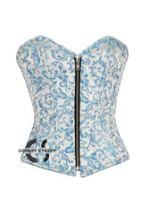 Blue And White Brocade Front Zipper Gothic Overbust Plus Size Corset Bustier Waist Cincher