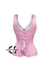 Baby Pink Satin Gothic Overbust Corset  With Shoulder Strap Plus Size Bustier Top