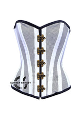 White Satin With Mesh Front Seal Lock Double Bone Burlesque Gothic Overbust Corset Bustier Top