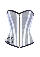 White Satin With Mesh Front Zip Double Bone Burlesque Gothic Overbust Corset Bustier Top