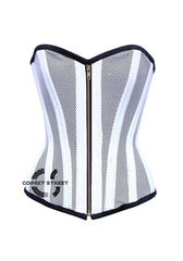 White Satin With Mesh Front Zip Double Bone Burlesque Gothic Overbust Corset Bustier Top
