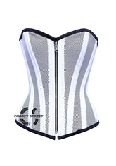 White Satin With Mesh Front Zipper Burlesque Gothic Overbust Corset Plus Size Bustier Top