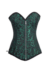 Green And Black Brocade Longline Front zipper Gothic Corset Burlesque Overbust Plus Size Costume