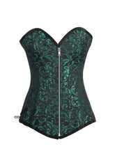 Green And Black Brocade Longline Front zipper Gothic Corset Burlesque Overbust Plus Size Costume