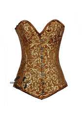 Brown And Golden Brocade Long Burlesque Gothic Overbust Corset Bustier Plus Size Top