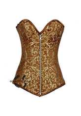 Brown And Golden Brocade Long Front Zipper Burlesque Gothic Overbust Corset