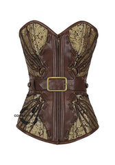 Brown And Golden Brocade Leather Belt Steampunk Waist Training Overbust Corset Plus Size Bustier Top