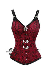 Red and Black Brocade Leather Shoulder Strap Steampunk Sexy Waist Training Overbust Corset Plus Size Bustier Top