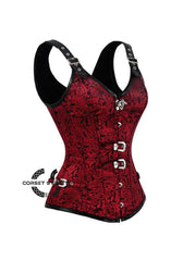 Red and Black Brocade Leather Shoulder Strap Steampunk Sexy Waist Training Overbust Corset Plus Size Bustier Top