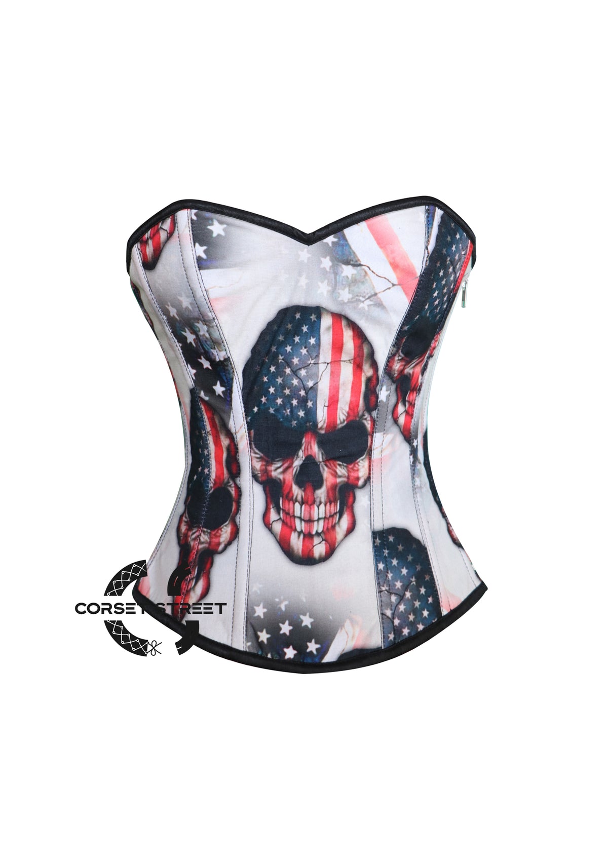 Morticia Addams USA Flag Print Skull Cotton Gothic Overbust Plus Size Corset Top