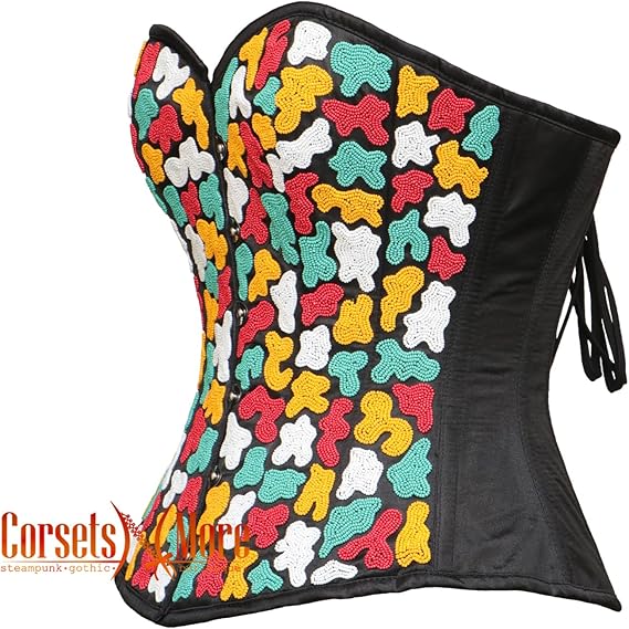 Women's Stylish Strapless Multi-Color Sequins Black Satin Overbust Corset Burlesque Top With Crop Top T-Shirt