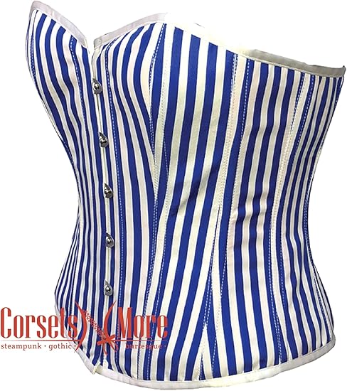 Women’s Royal Blue and White Striped Corset Satin Overbust Bustier Top With Crop Top T-Shirt