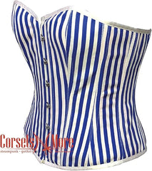 Women’s Royal Blue and White Striped Corset Satin Overbust Bustier Top With Crop Top T-Shirt