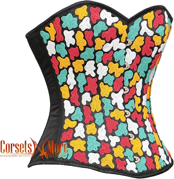 Women's Stylish Strapless Multi-Color Sequins Black Satin Overbust Corset Burlesque Top With Crop Top T-Shirt