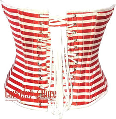 Women’s Red and White Horizontal Striped Satin Gothic Costume Overbust Corset Top With Crop Top T-Shirt