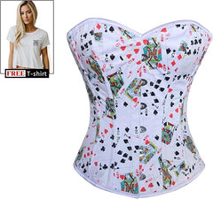 Women’s Playing Cards Printed White Satin Corset With Crop Top T-Shirt