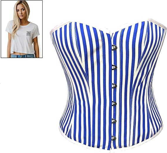 Women’s Royal Blue and White Striped Corset Satin Overbust Bustier Top With Crop Top T-Shirt