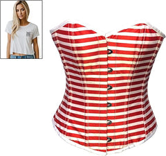 Women’s Red and White Horizontal Striped Satin Gothic Costume Overbust Corset Top With Crop Top T-Shirt