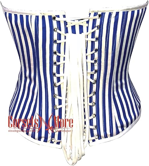 Women’s Royal Blue and White Striped Corset Satin Overbust Bustier Top With Crop Top T-Shirt