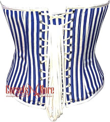 Women’s Royal Blue and White Striped Corset Satin Overbust Bustier Top With Crop Top T-Shirt