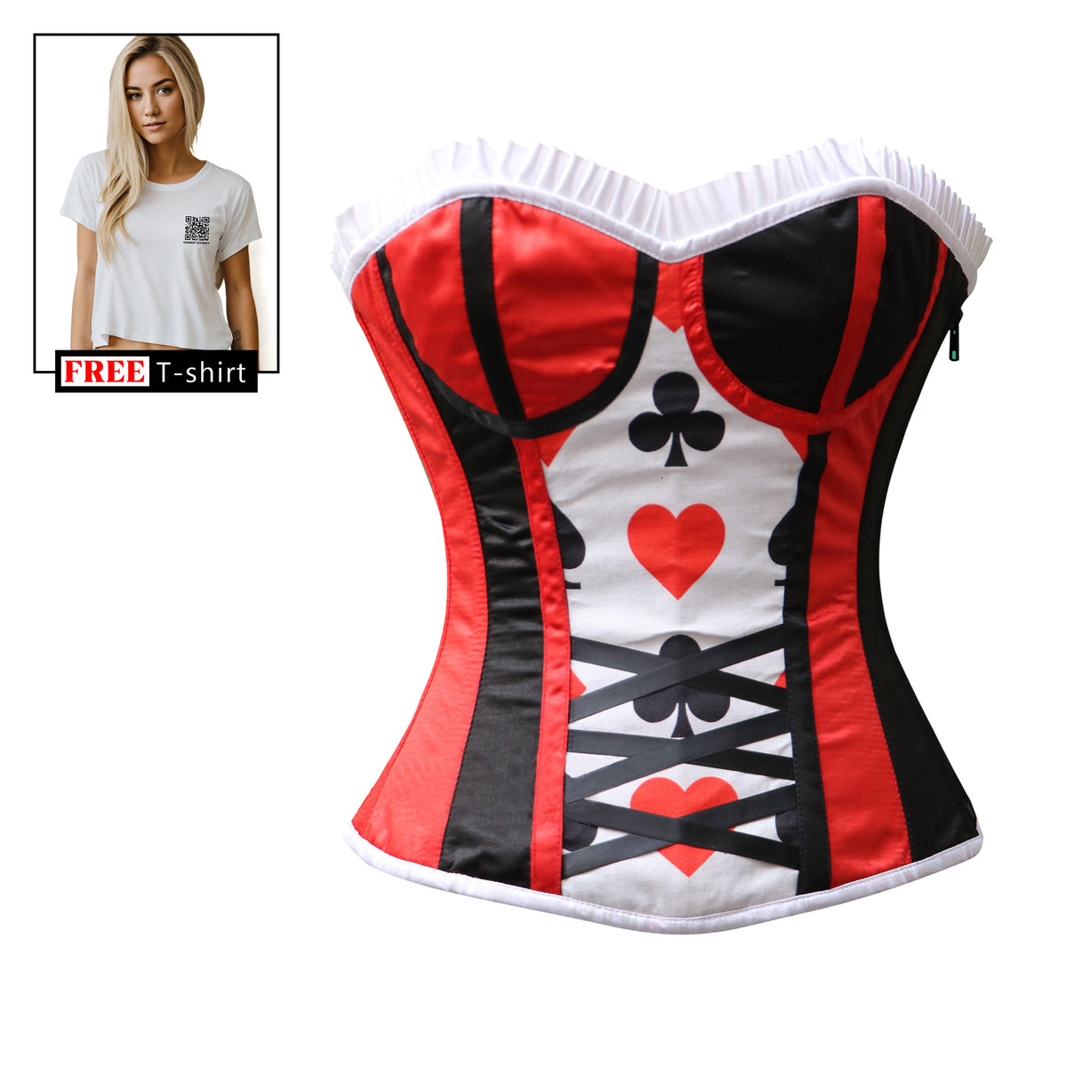 Women's Gorgeous Red And Black Satin Queen Of Hearts Joker Overbust Corset With Crop Top T-Shirt